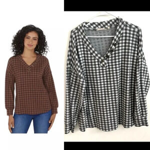 Soft Surroundings Talla  Plaid Knit V-neck Long Sleeve Top Gray XL